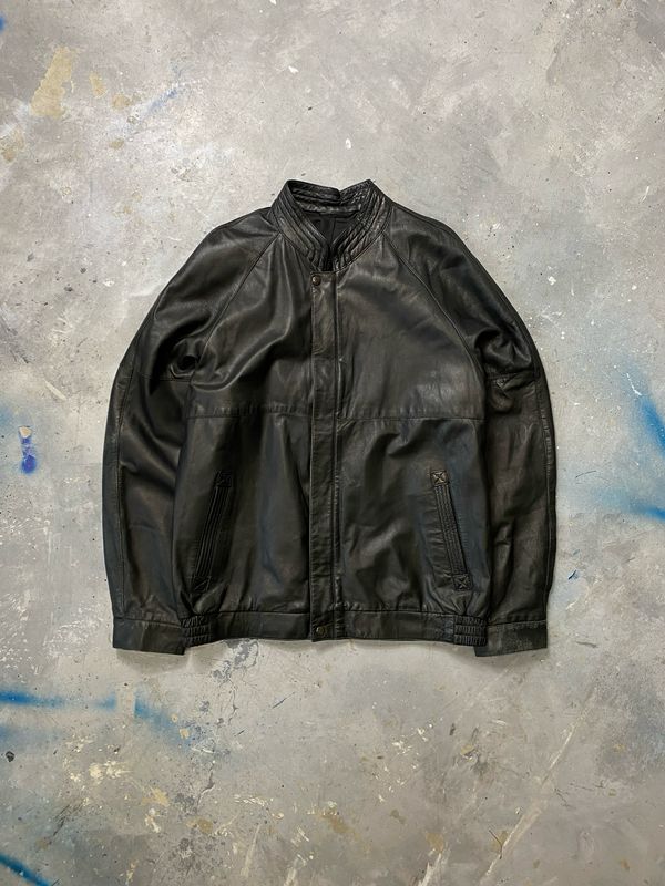 Kurtka Leather Vintage NoCollar Jacket Black L