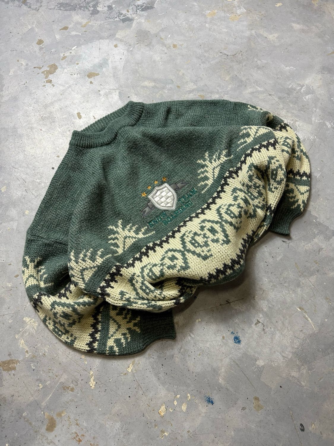 Bluza Vintage Snow Team Boarding Fair Isle Patterned Sweater Green L