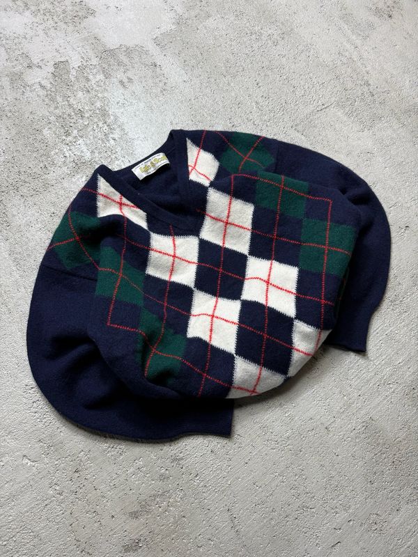Sweter Lyle&amp;Scott 90s Whi-Gre/Squares Lambswool Sweater Navy M