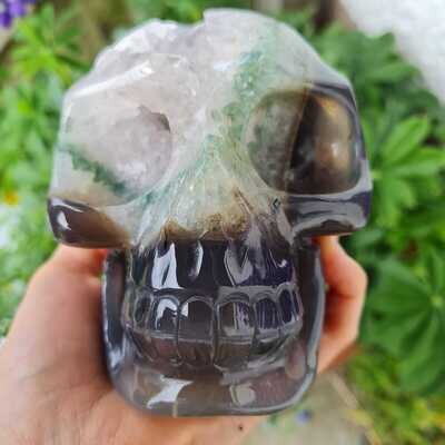Green Fluorite Quartz Geode Crystal Skull 5
