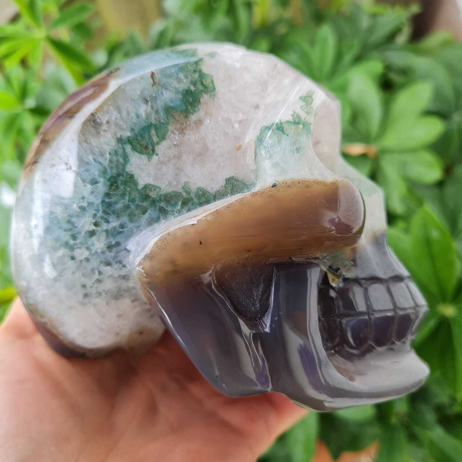 Green Fluorite Quartz Geode Crystal Skull 5&quot;