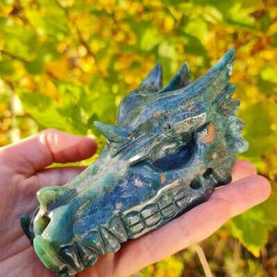 Green Moss Agate Dragon Skull 4"