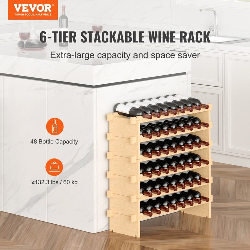VEVOR Casier à vin modulaire empilable pour 48 bouteilles, supports de rangement en bois de bambou massif à 6 niveaux, présentoir à vin autoportant au sol VEVOR Casier à vin modulaire empilable pour 48 bouteilles, supports de rangement en bois de bambou massif à 6 niveaux, présentoir à vin autoportant au sol