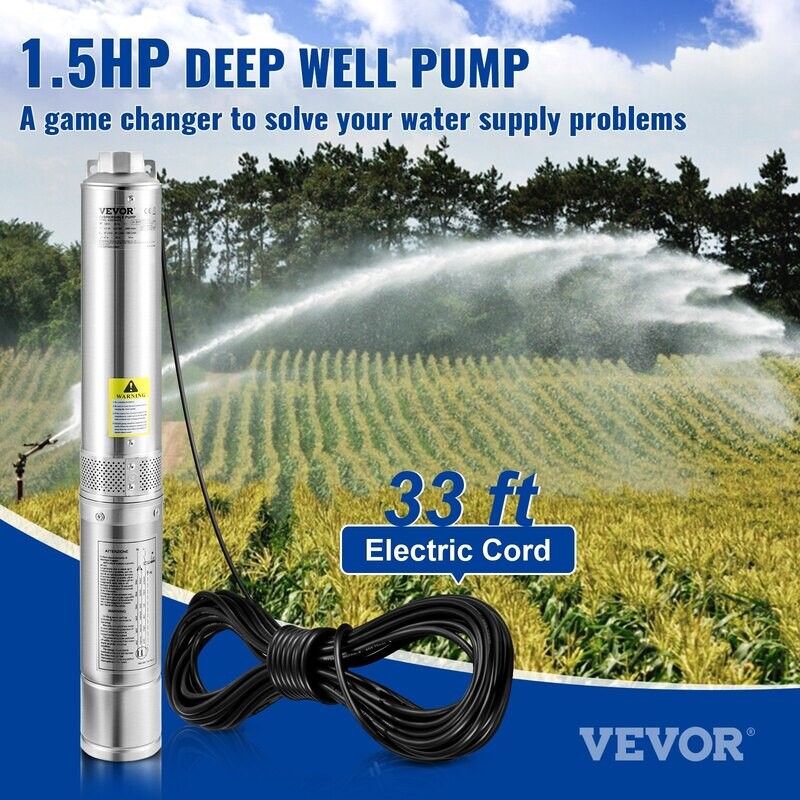 VEVOR Deep Well Submersible Pump, 1.5HP 230V/60Hz, 37gpm 276ft Head, with 33ft Electric Cord, 4" Stainless Steel Water Pumps for Industrial, Irrigation and Home Use, IP68 Waterproof Grade VEVOR Deep Well Submersible Pump, 1.5HP 230V/60Hz, 37gpm 276ft Head, with 33ft Electric Cord, 4" Stainless Steel Water Pumps for Industrial, Irrigation and Home Use, IP68 Waterproof Grade
