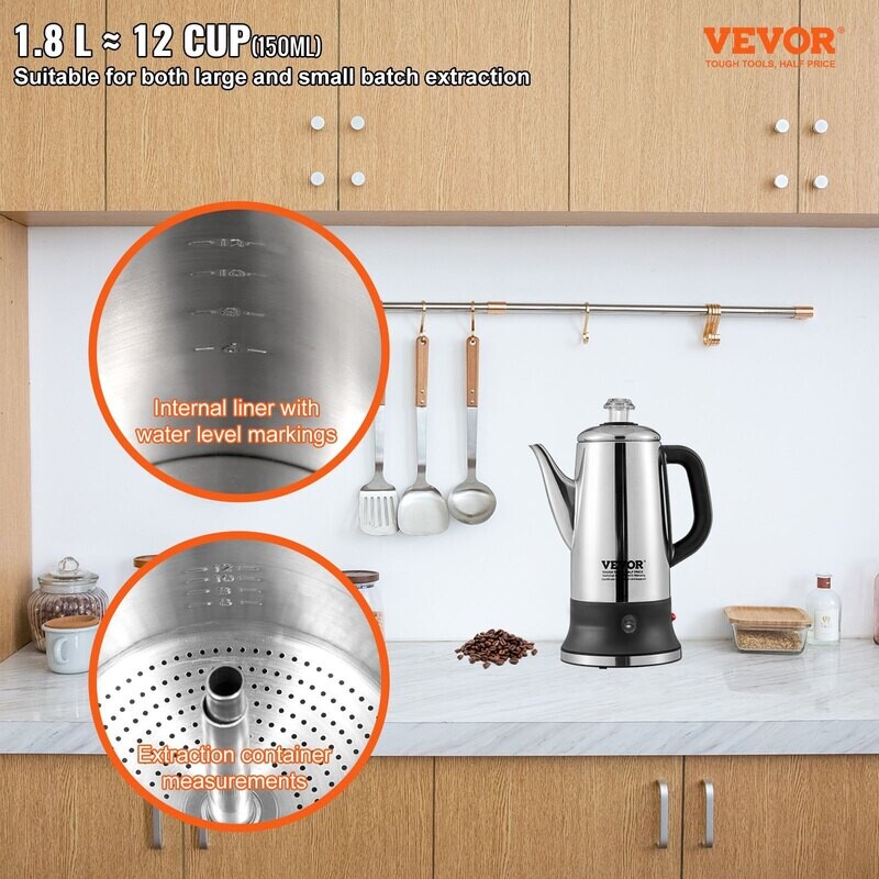 VEVOR Cafetière percolateur électrique 12 tasses, percolateur à café en acier inoxydable 304 avec fonction de maintien au chaud et poignée résistante à la chaleur, cafetière classique VEVOR Cafetière percolateur électrique 12 tasses, percolateur à café en acier inoxydable 304 avec fonction de maintien au chaud et poignée résistante à la chaleur, cafetière classique