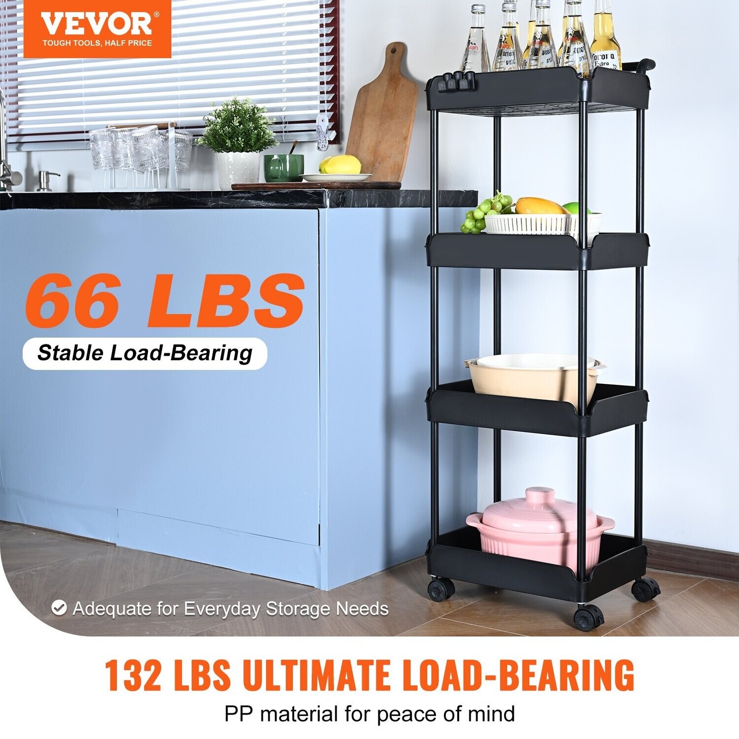 VEVOR Chariot utilitaire roulant à 4 niveaux, chariot de cuisine avec roues verrouillables, chariot de rangement multifonction avec poignée pour bureau, salon, cuisine, panier de rangement mobile