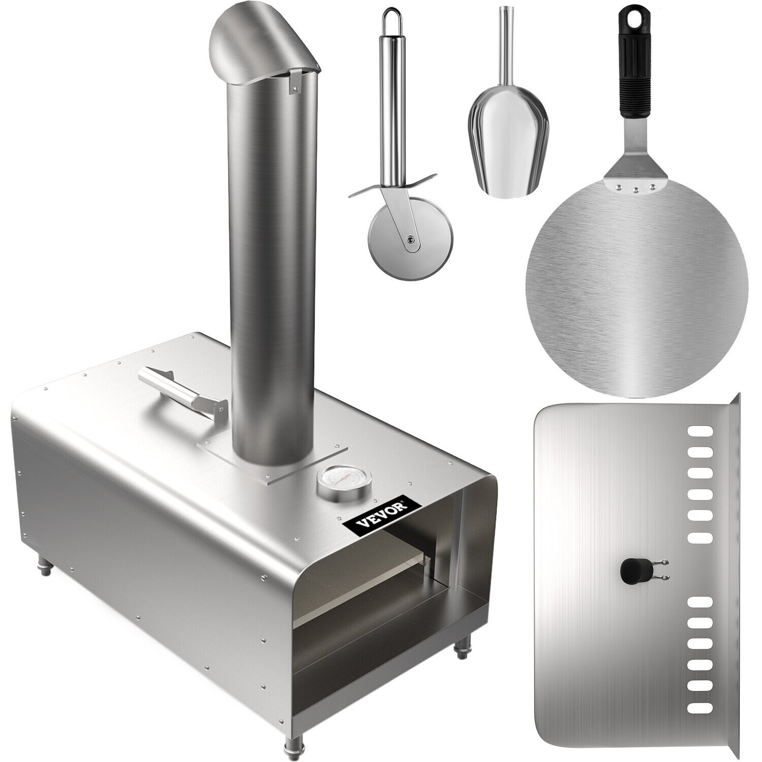 VEVOR Four à pizza à granulés, four à pizza en acier inoxydable extérieur, four à pizza portable 30,5 cm, four à pizza à bois avec pieds réglables four à bois portable avec accessoires pour camping