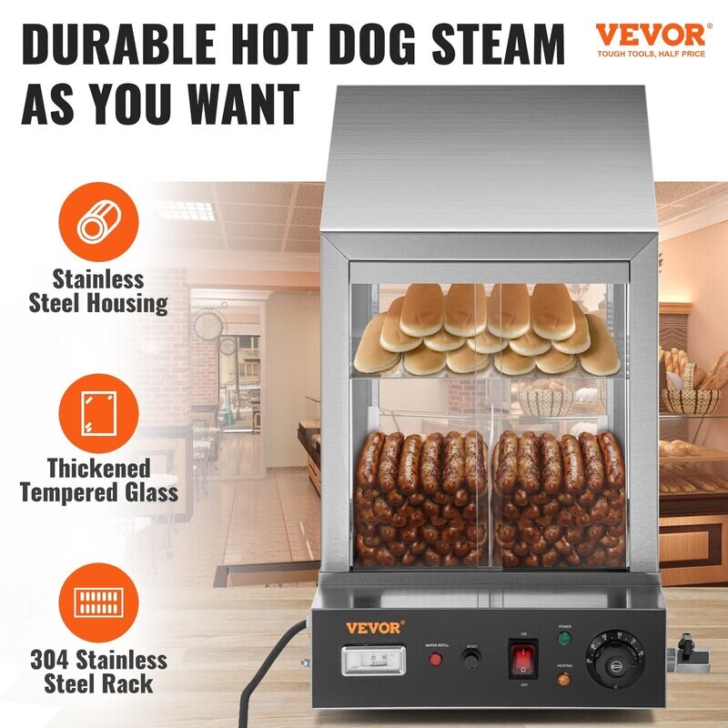 VEVOR Machine à Hot Dog, 36 L, Cuiseur Vapeur à Hot Dog à 2 Niveaux pour 200 Hotdogs et 42 Petits Pains, Cuiseur Électrique 1200 W avec Bouton Rotatif Affichage de la Température Réservoir d'eau de 7 VEVOR Machine à Hot Dog, 36 L, Cuiseur Vapeur à Hot Dog à 2 Niveaux pour 200 Hotdogs et 42 Petits Pains, Cuiseur Électrique 1200 W avec Bouton Rotatif Affichage de la Température Réservoir d'eau de 7