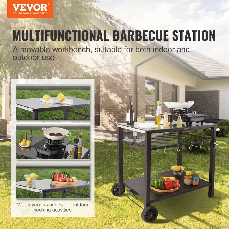 VEVOR Chariot de salle à manger pour barbecue d'extérieur avec double étagère, table de préparation des aliments mobile pour barbecue, plateau de table en fer multifonctionnel VEVOR Chariot de salle à manger pour barbecue d'extérieur avec double étagère, table de préparation des aliments mobile pour barbecue, plateau de table en fer multifonctionnel