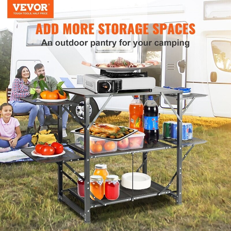 VEVOR Table de cuisine de camping, station de cuisine portable pliable en une seule pièce avec un sac de transport, table de camping en aluminium, 4 tables d'appoint en fer et 2 étagères VEVOR Table de cuisine de camping, station de cuisine portable pliable en une seule pièce avec un sac de transport, table de camping en aluminium, 4 tables d'appoint en fer et 2 étagères