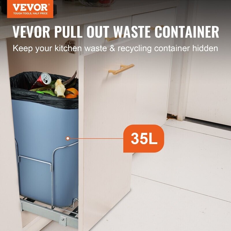 VEVOR Poubelle extractible, poubelle simple de 35 L, poubelle de cuisine sous montage avec glissière, poignée et kit de montage sur porte, capacité de charge de 110 lb VEVOR Poubelle extractible, poubelle simple de 35 L, poubelle de cuisine sous montage avec glissière, poignée et kit de montage sur porte, capacité de charge de 110 lb