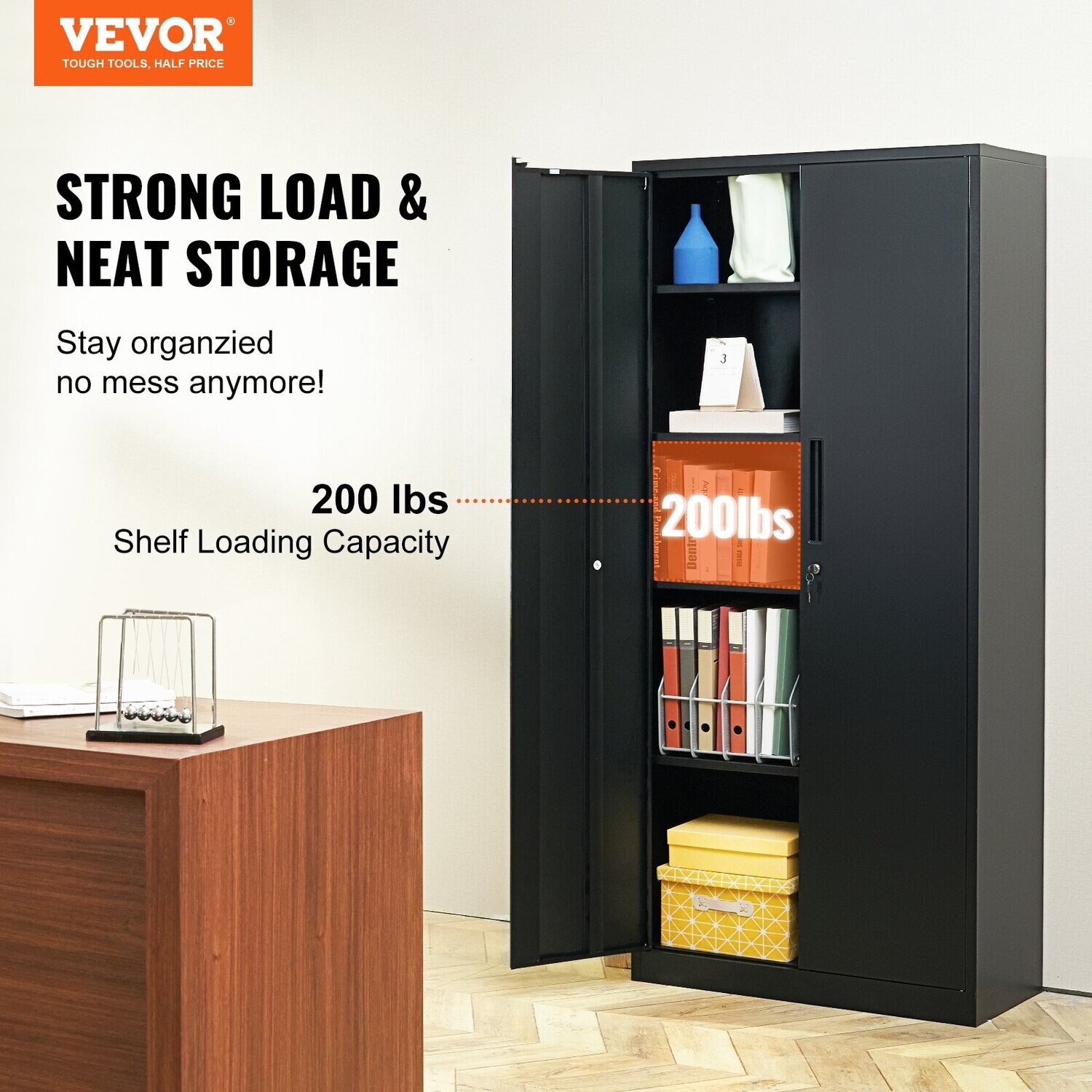 VEVOR Armoire de rangement en métal avec 2 portes magnétiques et 4 étagères réglables, capacité de 200 lb par étagère, armoire de rangement verrouillable en acier