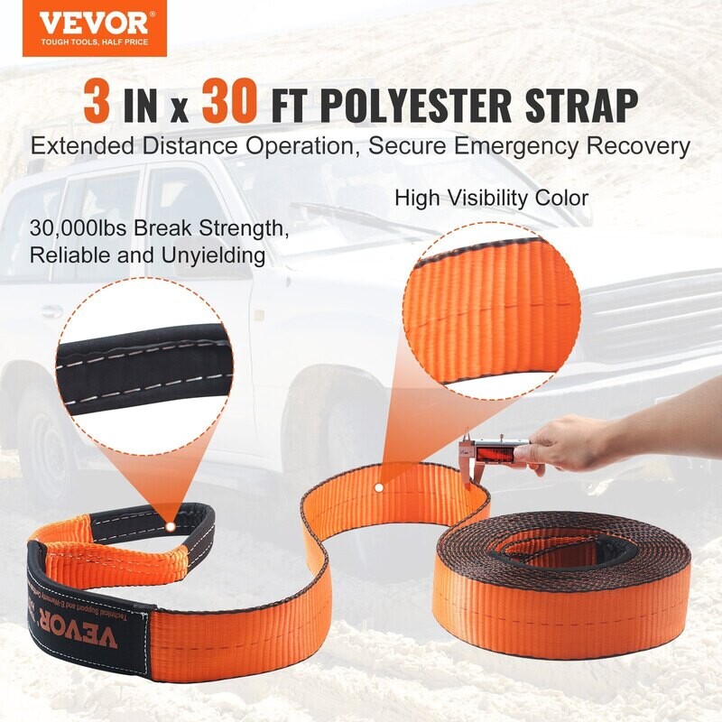 VEVOR 3" x 30', kit de récupération de treuil robuste avec sangle de remorquage en polyester d'une capacité de 30 000 lb, manilles à anneau en D de 44 092 lb, sac de rangement VEVOR 3" x 30', kit de récupération de treuil robuste avec sangle de remorquage en polyester d'une capacité de 30 000 lb, manilles à anneau en D de 44 092 lb, sac de rangement
