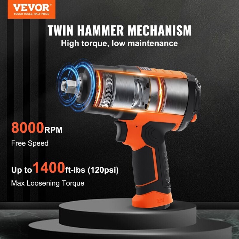 VEVOR Clé à chocs pneumatique 1/2", couple élevé jusqu'à 1 400 pi-lb, pistolet à percussion pneumatique léger de 4,6 lb avec 11 douilles à choc en acier CR-V à entraînement 1/2" et étui de transport VEVOR Clé à chocs pneumatique 1/2", couple élevé jusqu'à 1 400 pi-lb, pistolet à percussion pneumatique léger de 4,6 lb avec 11 douilles à choc en acier CR-V à entraînement 1/2" et étui de transport