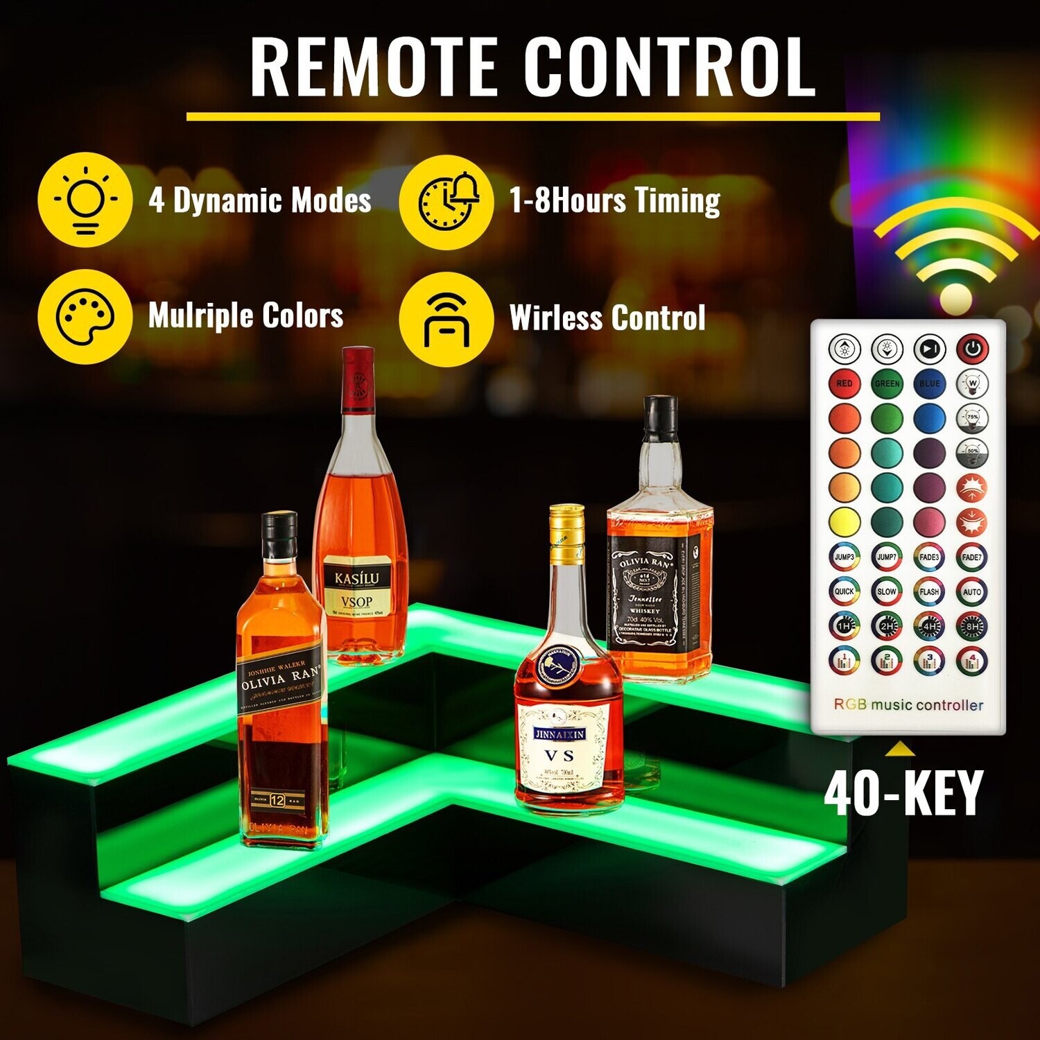 VEVOR Étagère d'angle à LED pour bouteilles d'alcool, 50,8 cm LED pour alcool, étagère à bouteilles d'alcool éclairée en 2 étapes pour bar domestique/commercial