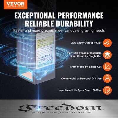 Graveur laser VEVOR, machine de gravure laser de sortie 20 W, grande zone de travail de 15,7&quot; x 15,7&quot;, vitesse de mouvement de 10 000 mm/min