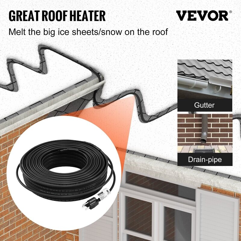 VEVOR Câble chauffant autorégulant pour tuyaux, ruban chauffant de 120 pieds 5 W/pied pour tuyaux, dégivrage de fonte de neige sur le toit, protection contre le gel des gouttières et des tuyaux, 120 V