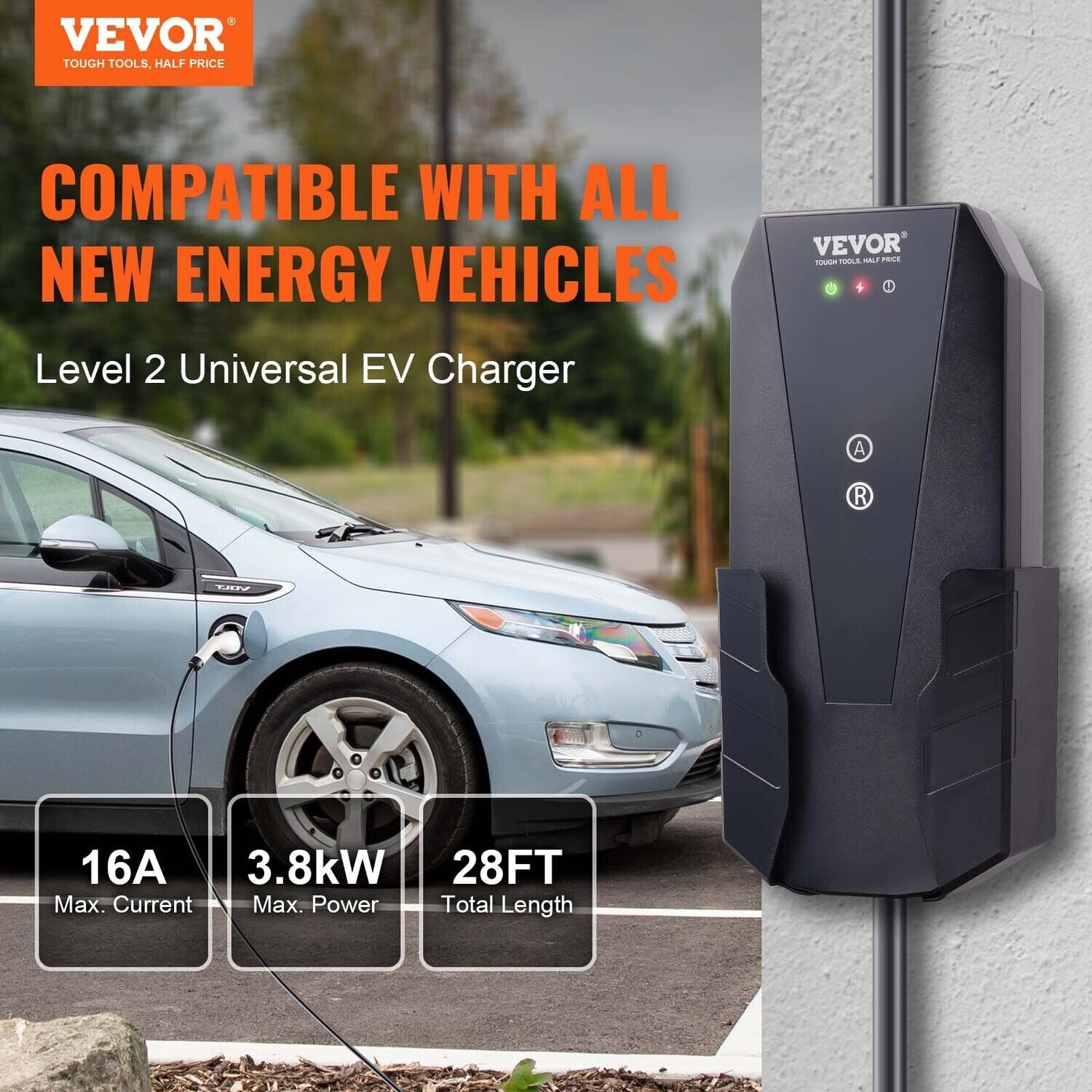 VEVOR Chargeur EV portable de niveau 2, 16 A 240 V, chargeur de véhicule électrique avec câble de charge de 28 pieds Prise NEMA 10-30P, 8/10/13/16A, à courant réglable pour SAE J1772 EV's