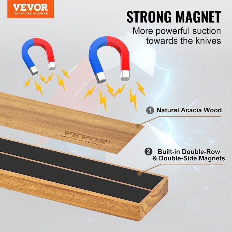 VEVOR Porte-couteaux magnétique avec aimant puissant amélioré, 61 cm sans perçage, organisateur de bandes de couteaux pour mur, rangement multifonctionnel en bois d'acacia VEVOR Porte-couteaux magnétique avec aimant puissant amélioré, 61 cm sans perçage, organisateur de bandes de couteaux pour mur, rangement multifonctionnel en bois d'acacia