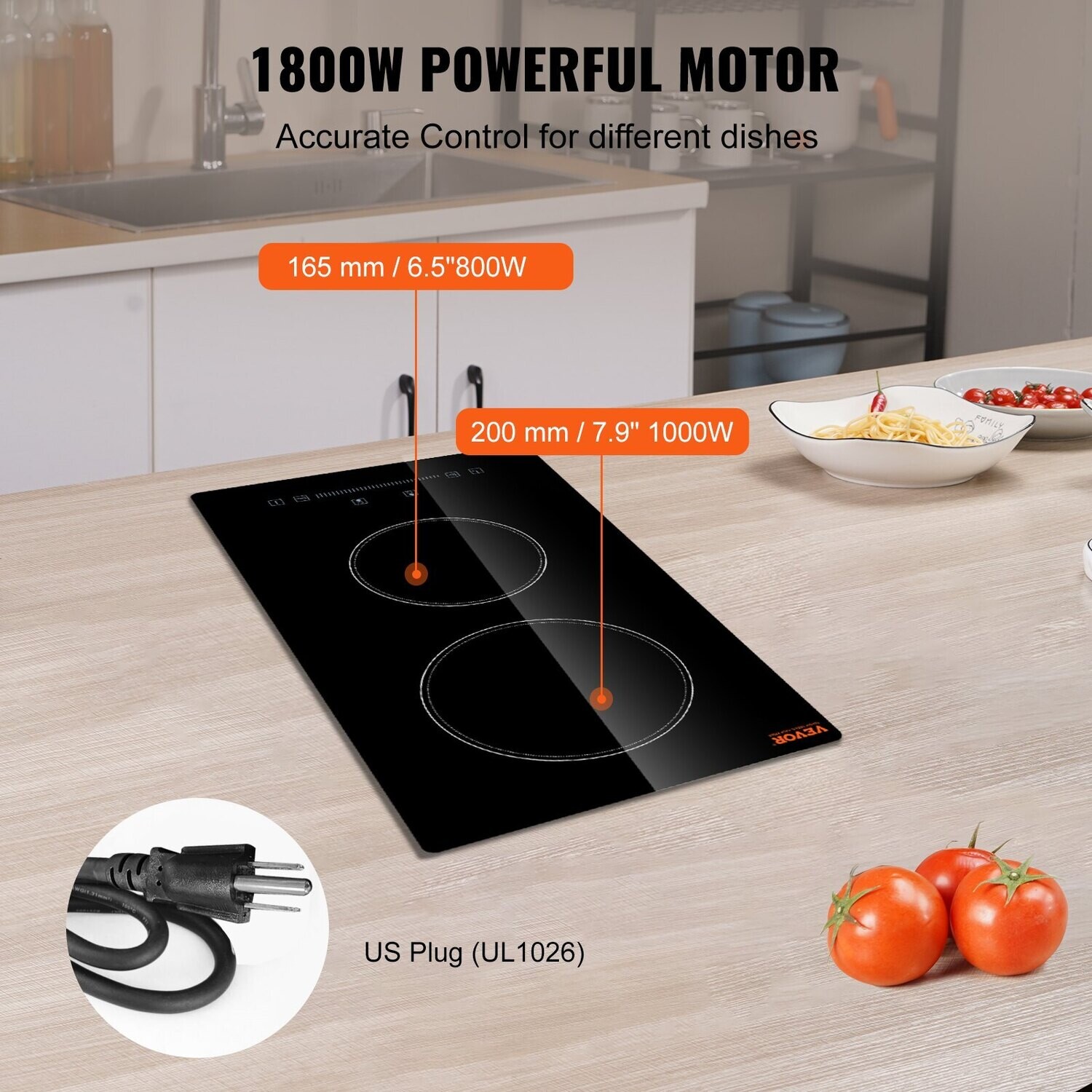 VEVOR Cuisinière électrique intégrée, 20 x 11,6 pouces, 2 brûleurs, table de cuisson radiante en verre 110 V avec capteur tactile, minuterie et verrouillage enfant inclus