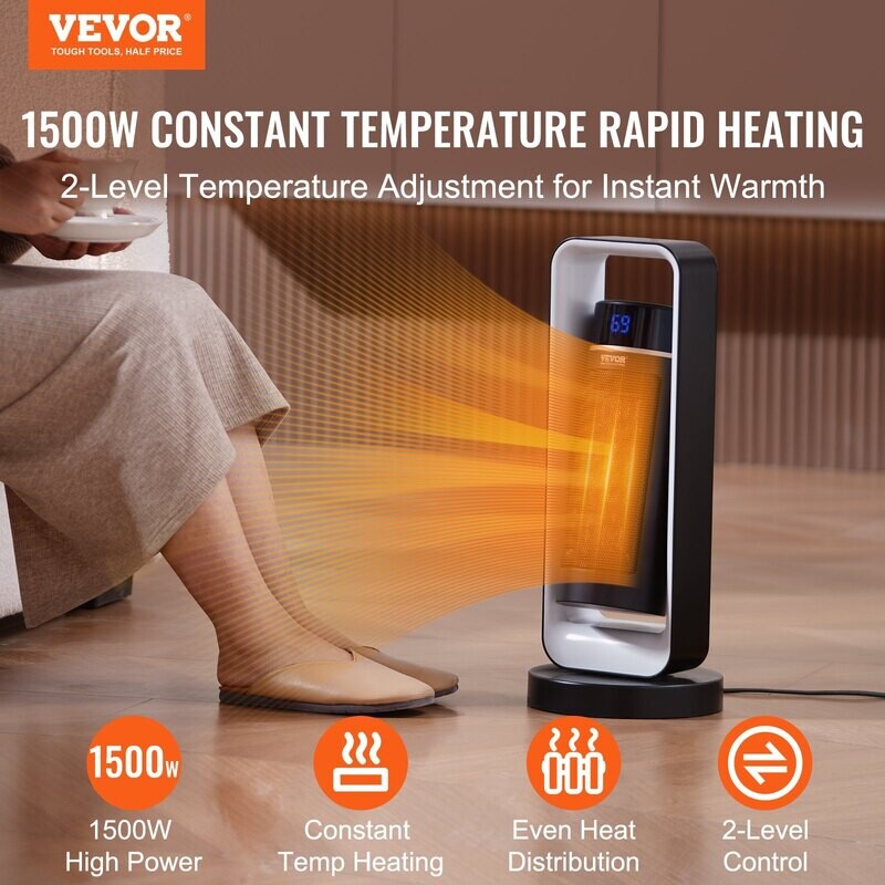 VEVOR Chauffage électrique avec télécommande thermostatique, ventilateur de chauffage en céramique silencieux réglable à 2 niveaux 1000 W/1500 W, arrêt en cas de basculement de 20 pouces VEVOR Chauffage électrique avec télécommande thermostatique, ventilateur de chauffage en céramique silencieux réglable à 2 niveaux 1000 W/1500 W, arrêt en cas de basculement de 20 pouces