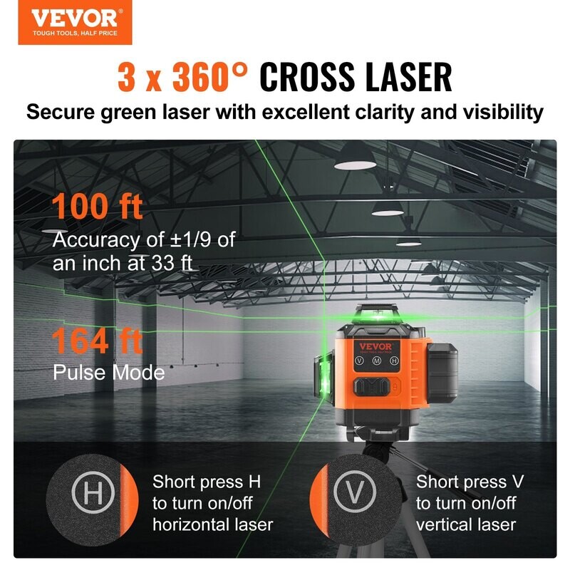VEVOR Niveau laser, 100 pieds, auto-nivellement manuel vert 3 x 360° laser en croix, télécommande étanche IP54, mode d'auto-nivellement manuel et 8h de temps de travail continu. VEVOR Niveau laser, 100 pieds, auto-nivellement manuel vert 3 x 360° laser en croix, télécommande étanche IP54, mode d'auto-nivellement manuel et 8h de temps de travail continu.