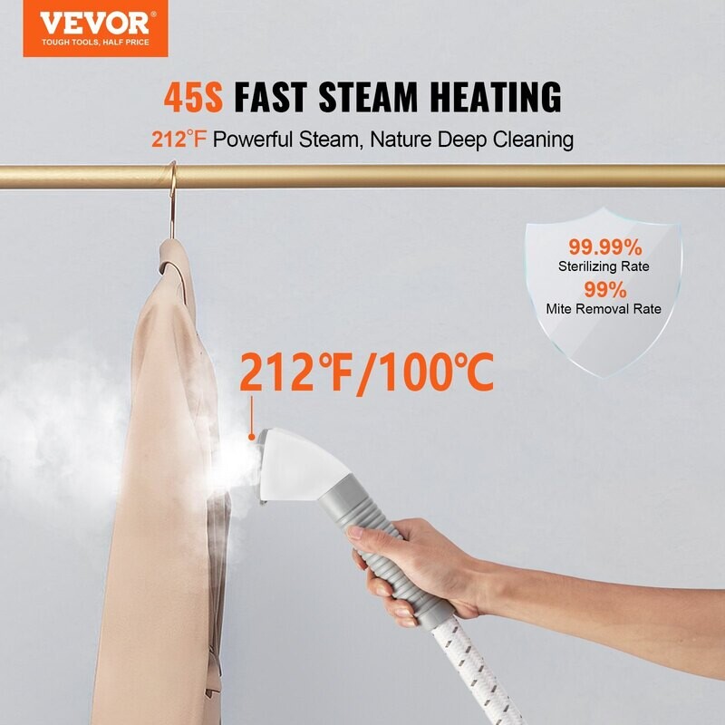 VEVOR Cuiseur vapeur sur pied avec cintre pliable, réservoir d'eau de 0,5 gallon pour 90 minutes de cuisson à la vapeur continue, chauffe en 45 secondes et arrêt automatique avec brosse en tissu VEVOR Cuiseur vapeur sur pied avec cintre pliable, réservoir d'eau de 0,5 gallon pour 90 minutes de cuisson à la vapeur continue, chauffe en 45 secondes et arrêt automatique avec brosse en tissu