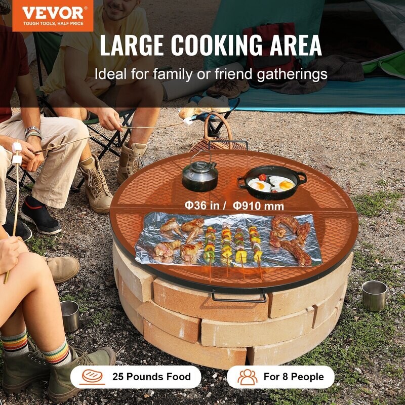 VEVOR X-Marks Fire Pit Grill Grille, Grille de cuisson ronde pliable, Grille de barbecue en acier robuste avec poignée et support X Wire
