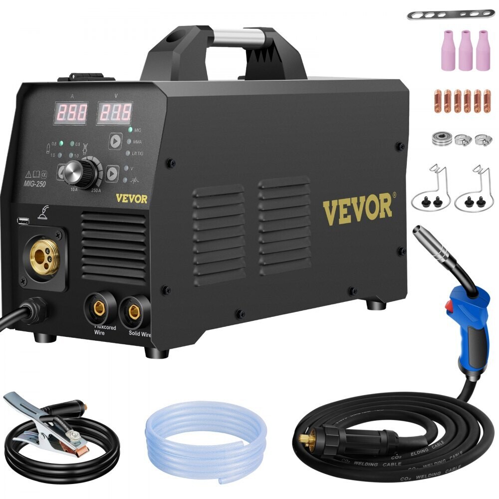 VEVOR Soudeuse MIG, 250 A 3 en 1, 220 V Flux Core/Gaz/Fil Solide,Machine de soudage,avec onduleur et torche IGBT,,MIG/Lift TIG/Stick numérique