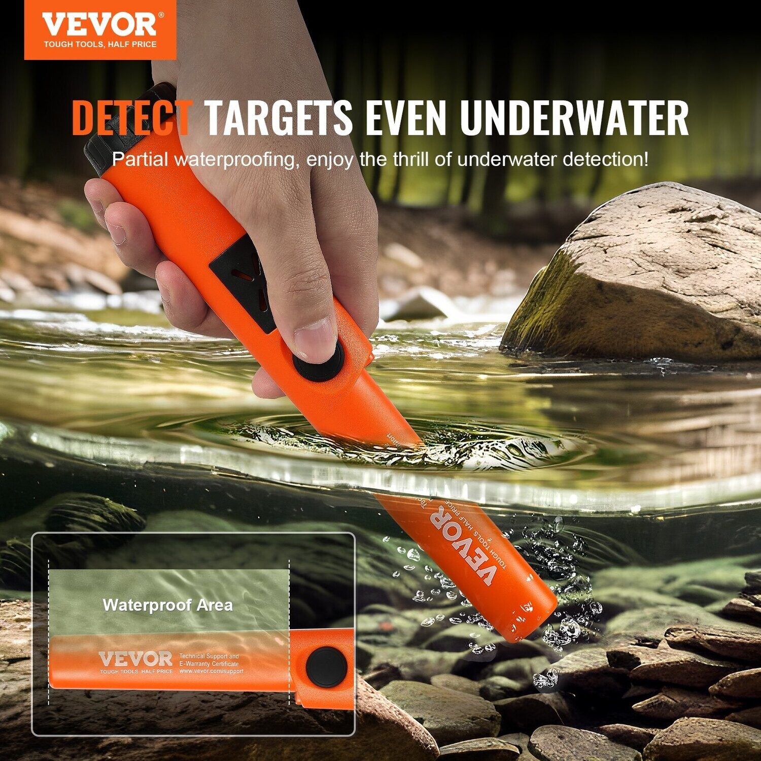 VEVOR Détecteur de métaux Pinpointer, baguette de pointeur portable partiellement étanche, profondeur de détection de 1,96", 3 modes, sonde de chasse au trésor avec étui, sac étanche et batterie 9 V
