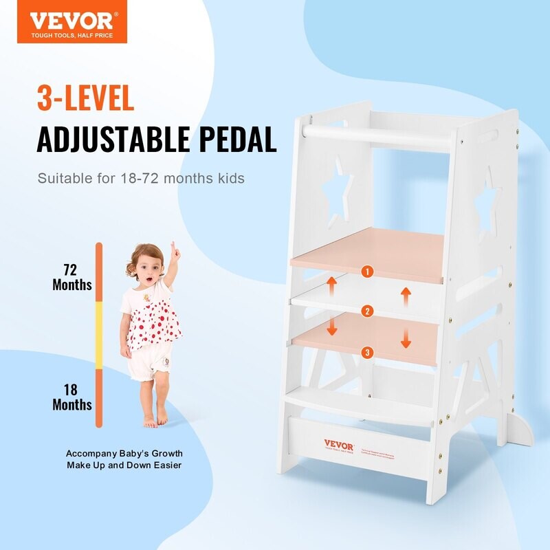 VEVOR Tower Step Stool, 3-Level Height Adjustable Toddler Step Stools for Kids, Kitchen Stool Helper, Bamboo Standing Tower Learning Stool with Safety Rail for Kitchen Counter Bathroom, 350LBS, White VEVOR Tower Step Stool, 3-Level Height Adjustable Toddler Step Stools for Kids, Kitchen Stool Helper, Bamboo Standing Tower Learning Stool with Safety Rail for Kitchen Counter Bathroom, 350LBS, White