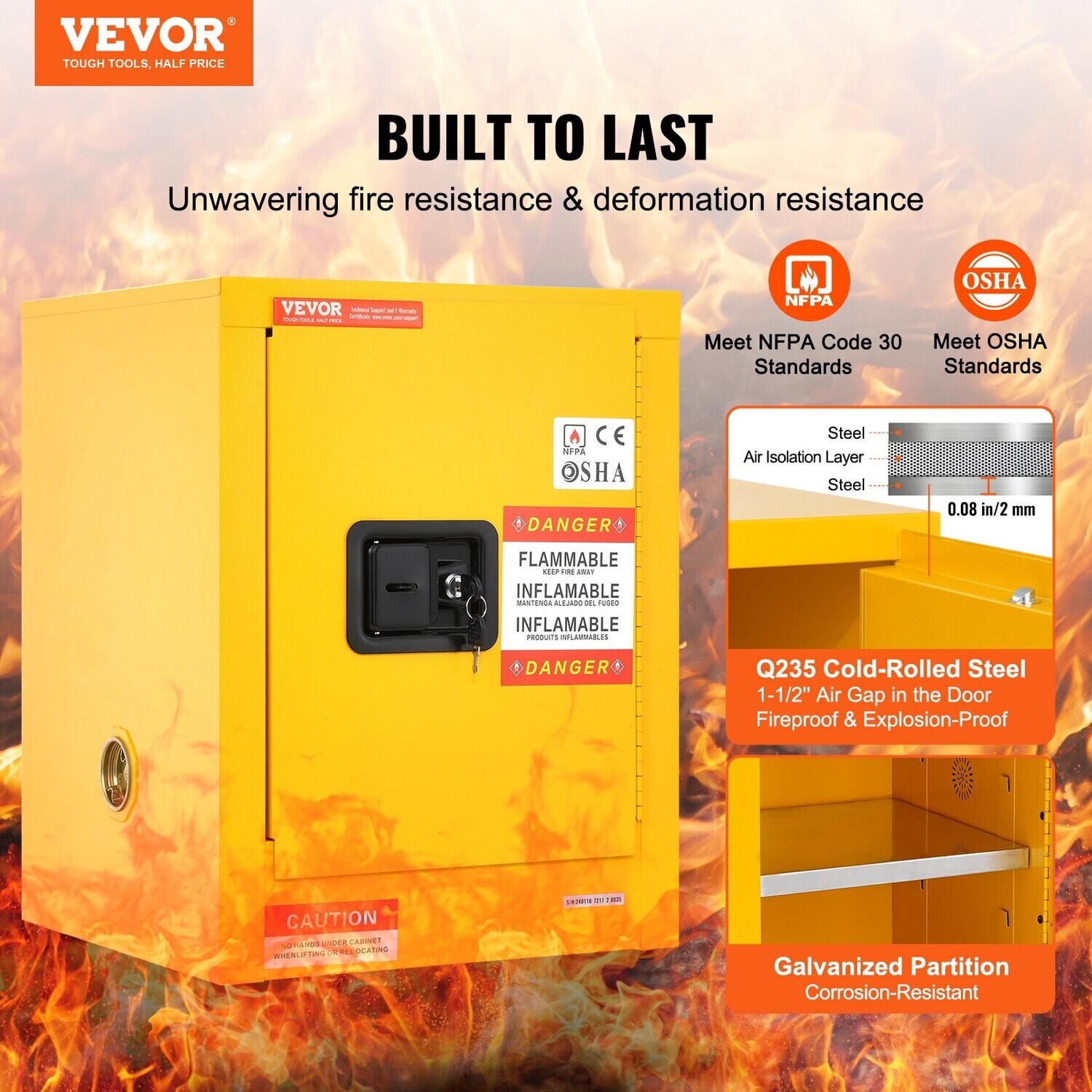 VEVOR 16.9&quot; x 16.9&quot; x 22&quot; Flammable Cabinet Galvanized Steel, Safety Cabinet, Adjustable Shelf Flammable Storage Cabinet, for Commercial Industrial and Home Use
