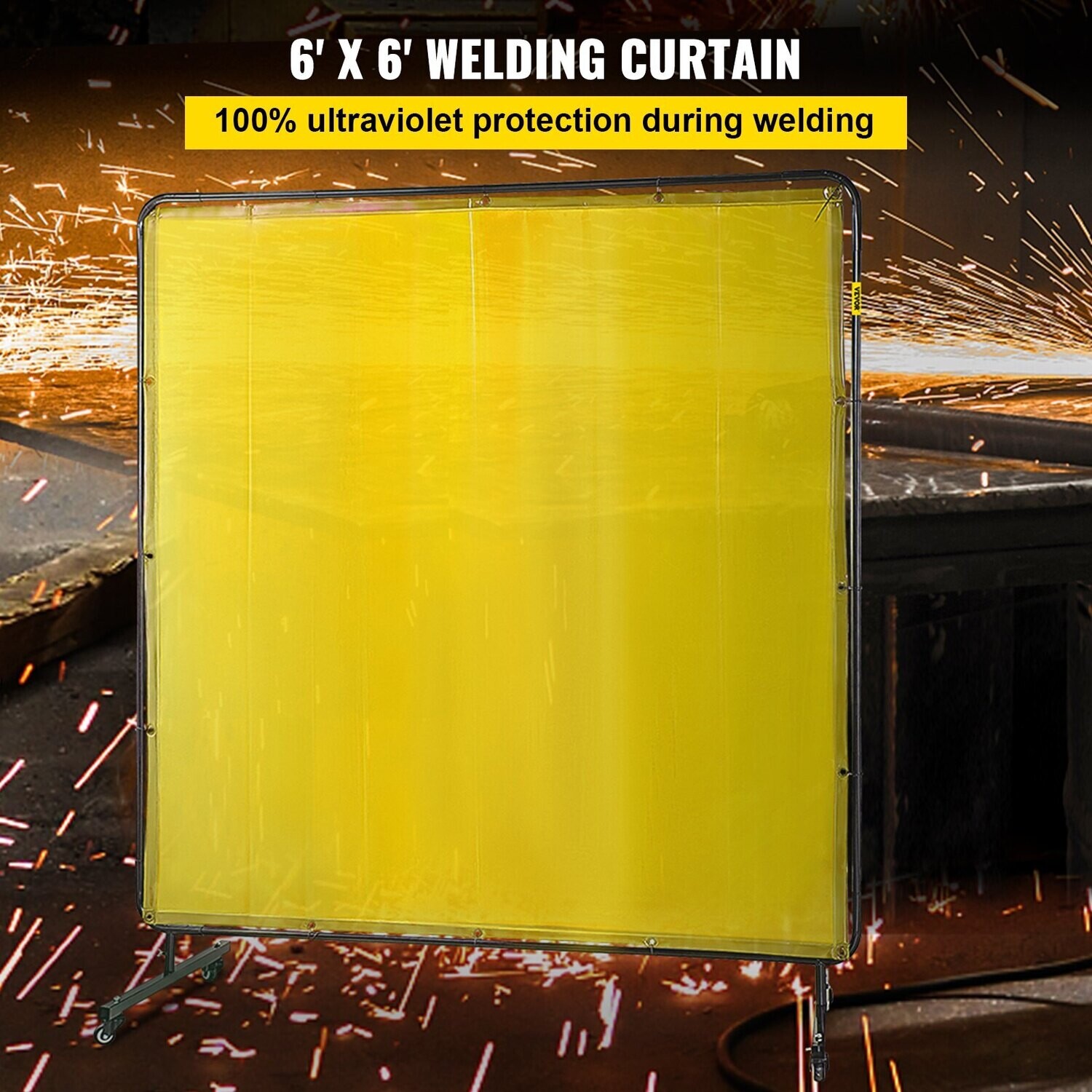 Écran de soudage VEVOR avec cadre 6\&#39; x 6\&#39;, rideau de soudage à 4 roues, écran de protection de soudage en vinyle ignifuge jaune, professionnel portable résistant à la lumière