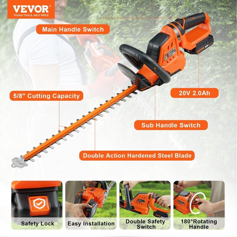 VEVOR Taille-haie sans fil 20 V, lame en acier à double tranchant de 45,7 cm, kit taille-haie, batterie 20 V, chargeur rapide et couvre-lame inclus, tête rotative à 180°