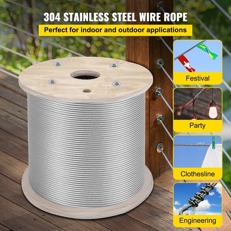 Vevor T304 Câble métallique en acier inoxydable 1/4&quot; 7x19 Construction 200ft Bobine