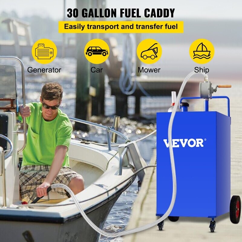 VEVOR Chariot de carburant de 30 gallons, réservoir de stockage de gaz et 4 roues, avec pompe de transfert manuelle, conteneur de carburant essence diesel pour voitures, tondeuses à gazon, VTT, bateau VEVOR Chariot de carburant de 30 gallons, réservoir de stockage de gaz et 4 roues, avec pompe de transfert manuelle, conteneur de carburant essence diesel pour voitures, tondeuses à gazon, VTT, bateau