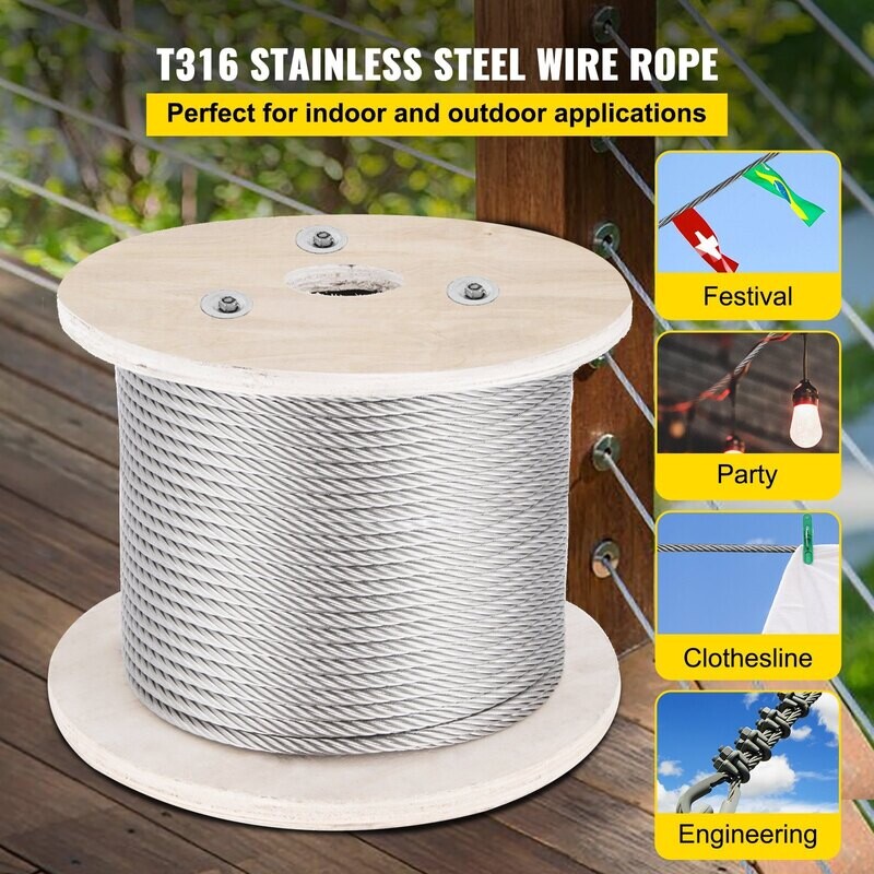 VEVOR 5/32 Stainless Steel Cable, 500FT T316 Wire Rope 1x19 Marine Grade Steel Cable for Deck Railing Brackets Handrail Stair DIY Balustrade