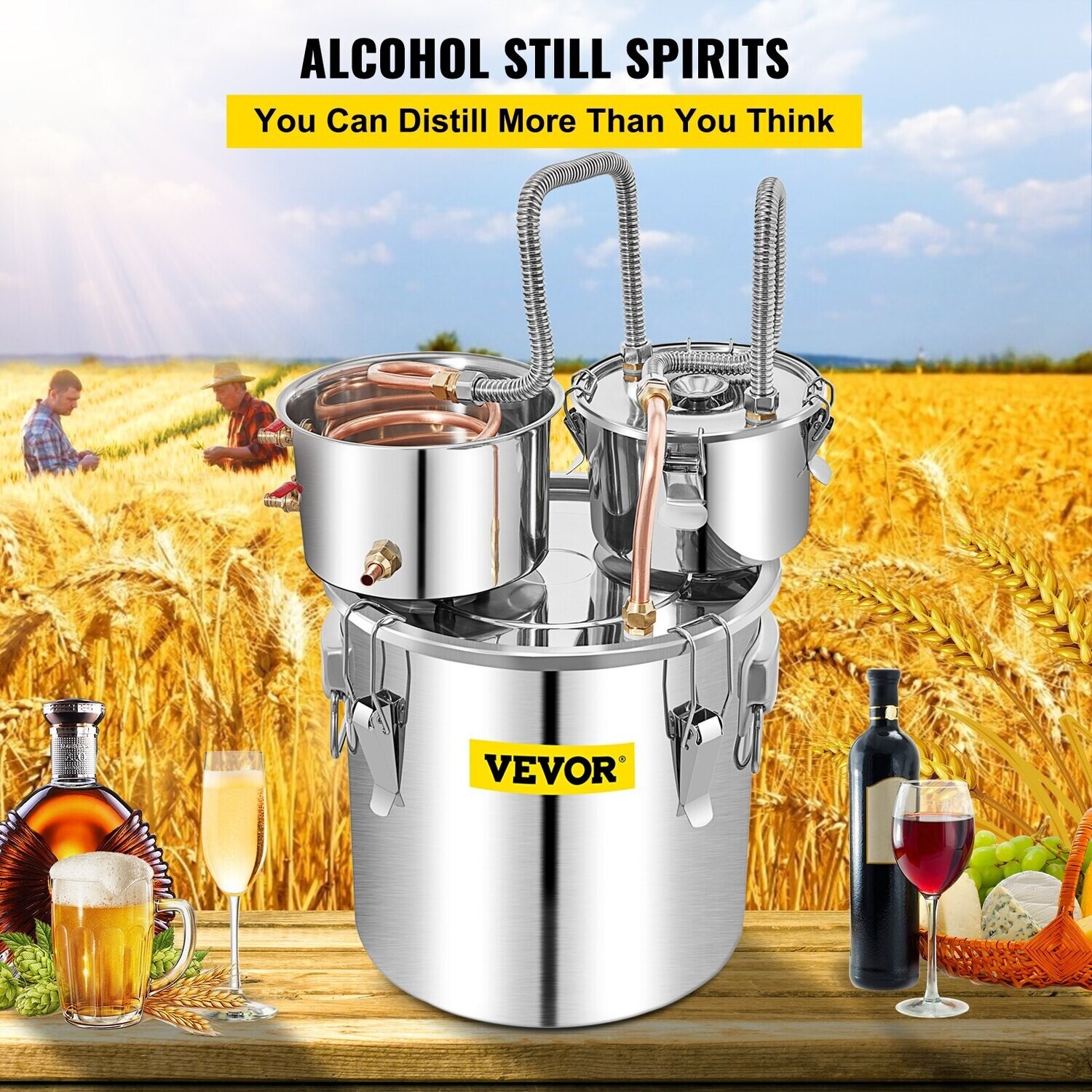 VEVOR Distillateur d&#39;eau, 13,2 gal/50 L, kit de distillerie en acier inoxydable avec tube de cuivre thermomètre intégré, poulet domestique pour brassage de bricolage, argent