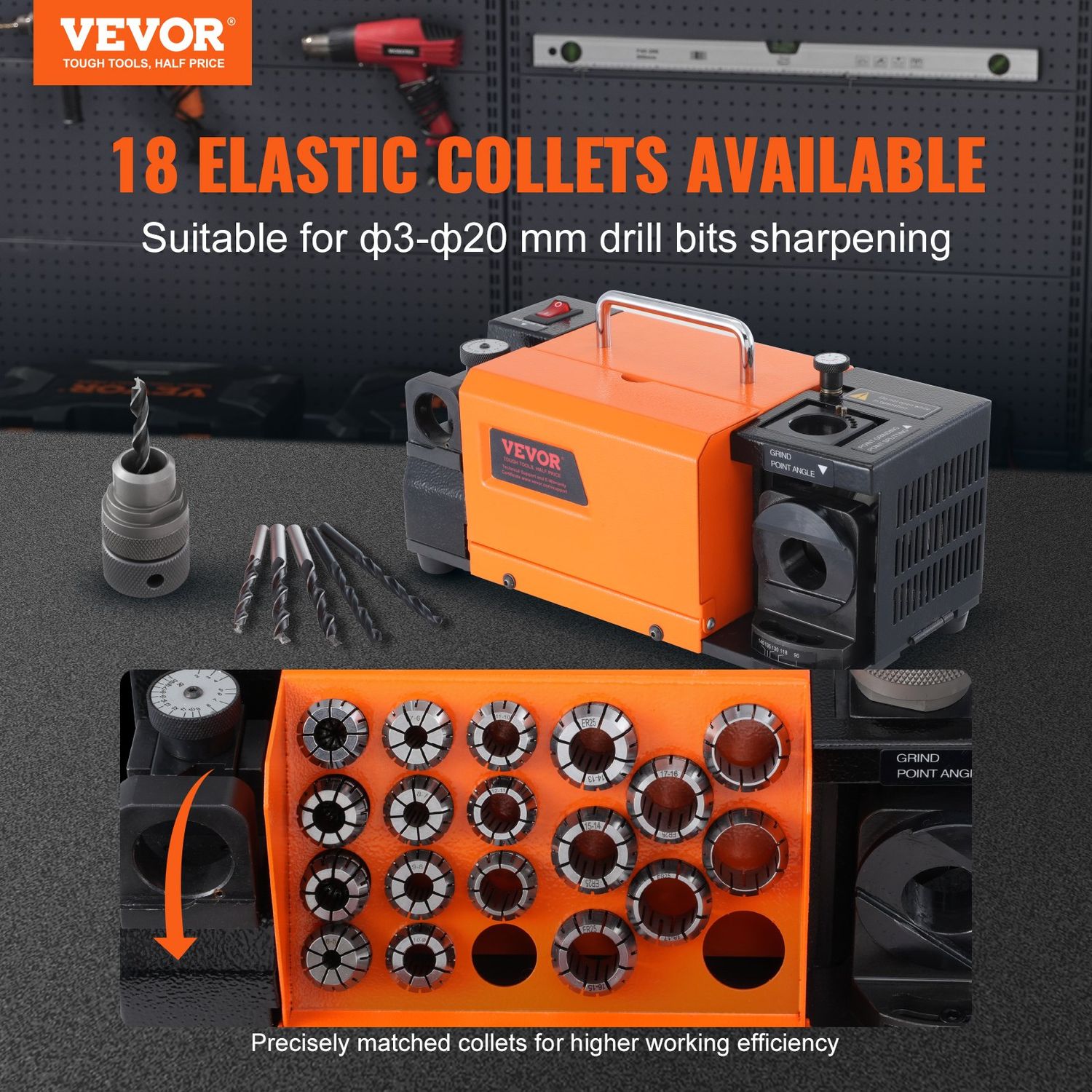 VEVOR MR-20G Drill Bits Sharpener 3-20mm Bits Grinder Sharpener &amp; 18 Collets