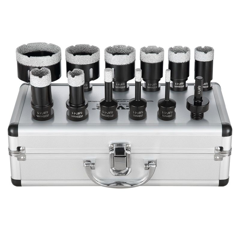 VEVOR Jeu de forets diamantés, 11 pièces 6/8/10/20/25/28/32/35/45/50/65 mm, kit de scie cloche diamantée, avec connecteur 5/8&quot;-11 et étui de rangement pour sec et humide