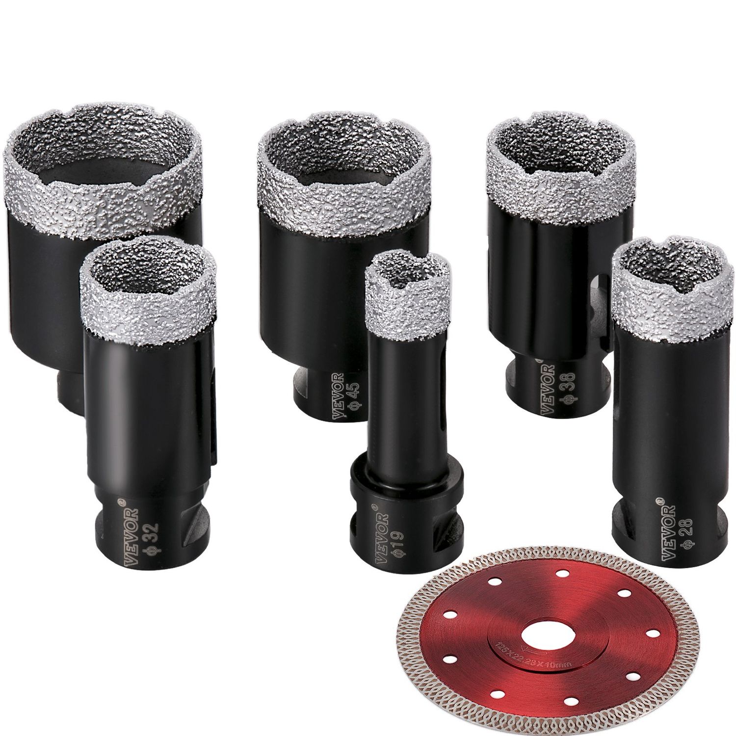 VEVOR Lot de 6 forets diamantés pour scie cloche diamantée 19/28/32/38/45/51 mm Kit de scie cloche pour carrelage brasé sous vide Foret diamanté 0,59 pouces Scie cloche segmentée avec une lame