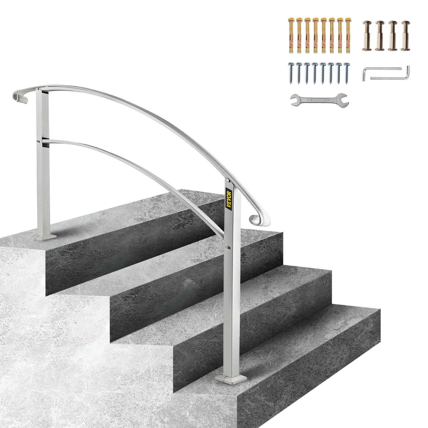 VEVOR Mains courantes pour marches extérieures, s'adaptent à une rampe d'escalier extérieure de 1 ou 4 marches, main courante en fer forgé blanc, main courante flexible de porche avant