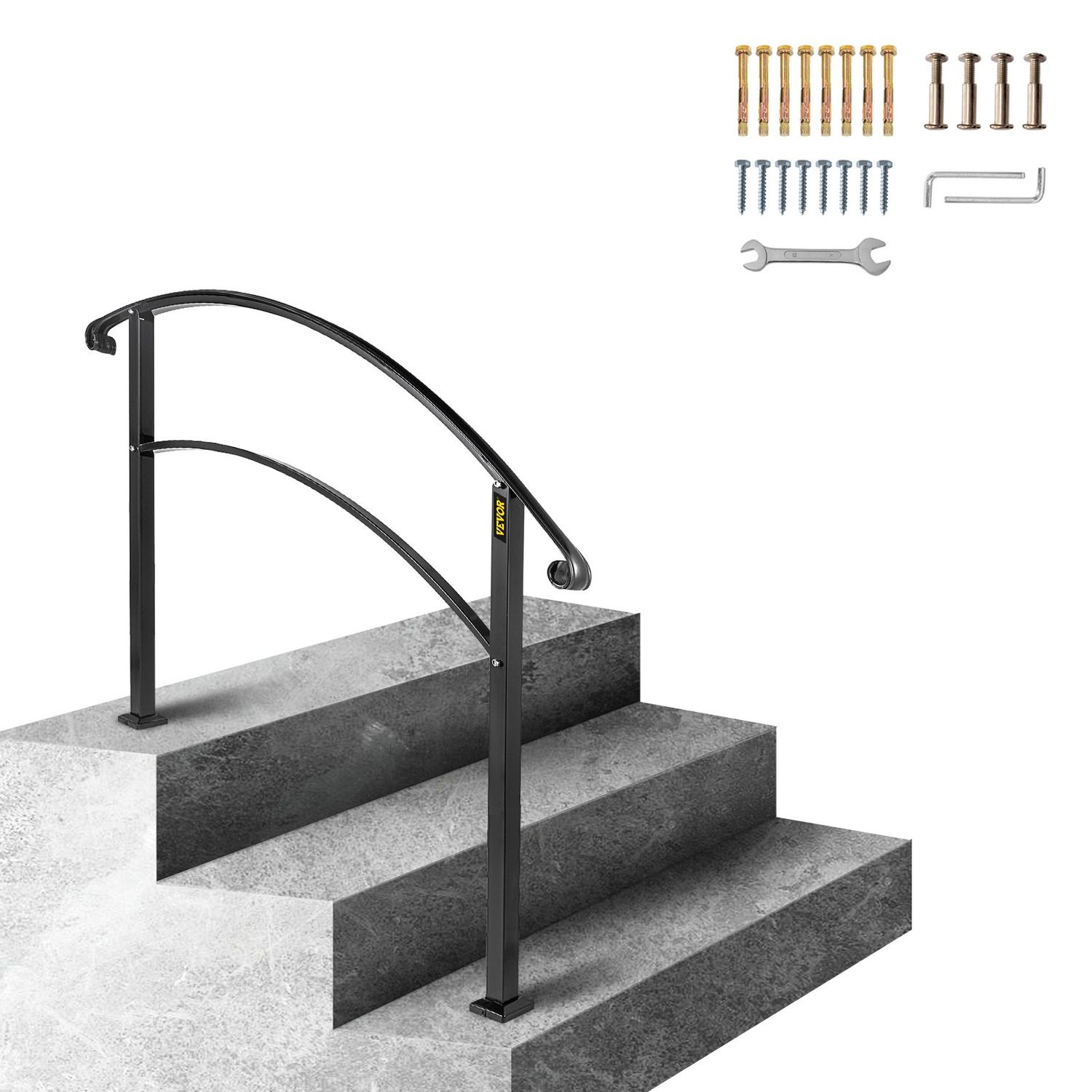 VEVOR Rampes pour marches extérieures, pour rampe d'escalier extérieure à 1 ou 3 marches, rampe en fer forgé noir, rampe flexible pour porche avant, rampes de transition pour marches en béton