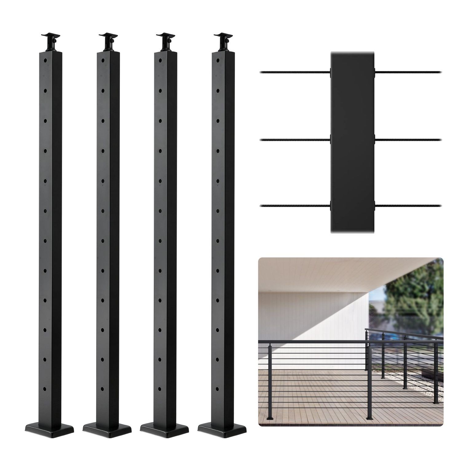 VEVOR Lot de 4 poteaux de garde-corps en câble, 106,7 x 2,5 x 5,1 cm en acier à trou horizontal, 12 trous pré-percés, poteau de rail en acier inoxydable SUS304 avec support horizontal et incurvé, noir