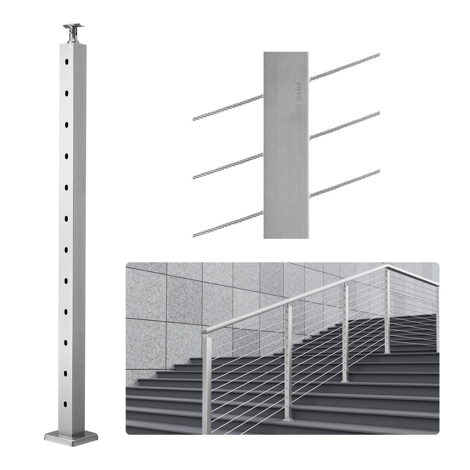 VEVOR Poteau de rampe d'escalier en acier, 106,7 x 5,1 x 5,1 cm, trou coudé à 30°, 12 trous pré-percés, poteau de rail de câble en acier inoxydable SUS304 avec support horizontal et incurvé, 1 paquet
