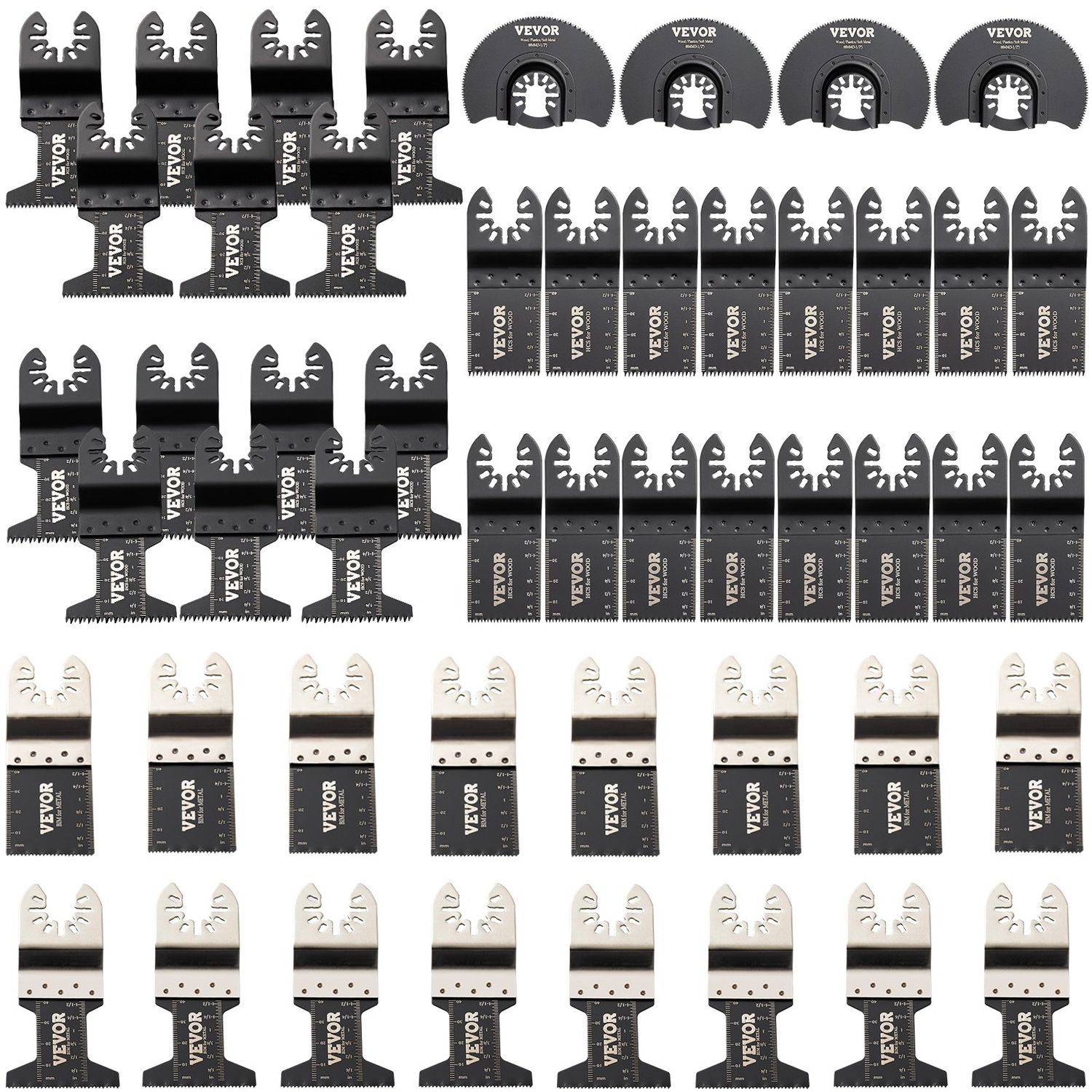 VEVOR Lot de 50 lames de scie oscillantes, kit de lames multi-outils à dégagement rapide, lames d&#39;outils HCS pour bois, plastique, clous métalliques, boulons, compatibles avec Dewalt Dremel Fein Worx