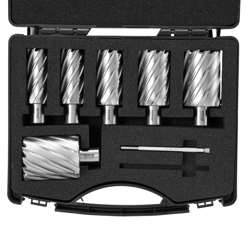 VEVOR Lot de 6 forets annulaires à tige Weldon Mag, profondeur de coupe de 5,1 cm, diamètre de coupe de 2,5 cm à 5,1 cm, acier rapide M2AL, avec 2 broches pilotes et étui portable