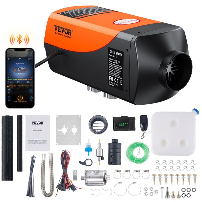 Chauffage à air diesel à contrôle par application Bluetooth VEVOR, chauffage diesel 12 V 2 kW avec réglage automatique de l'altitude, télécommande et écran LCD