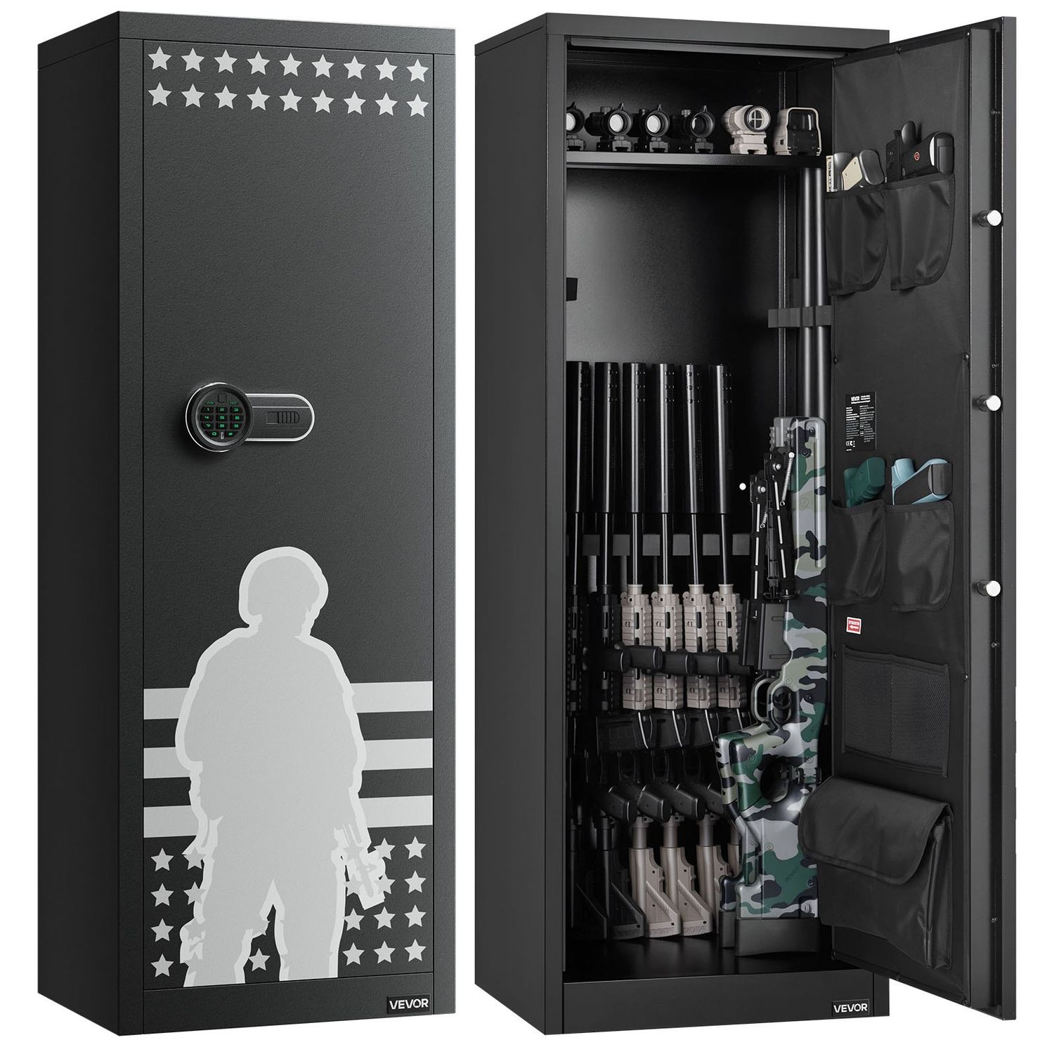 Coffre-fort VEVOR 10-12 armes, armoire pour fusils et pistolets, coffre-fort ignifuge à accès rapide avec 4 poches pour pistolets et 3 supports réglables, grande armoire numérique avec serrure à clé