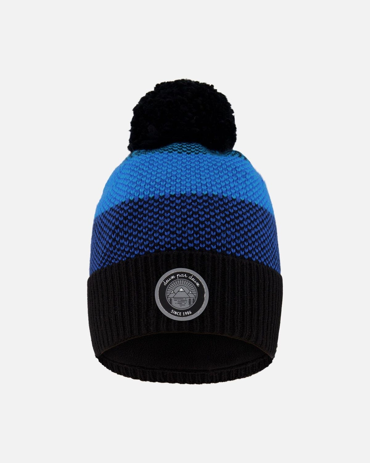 Winter Knit Hat With Pompom And Lining Black And Blue